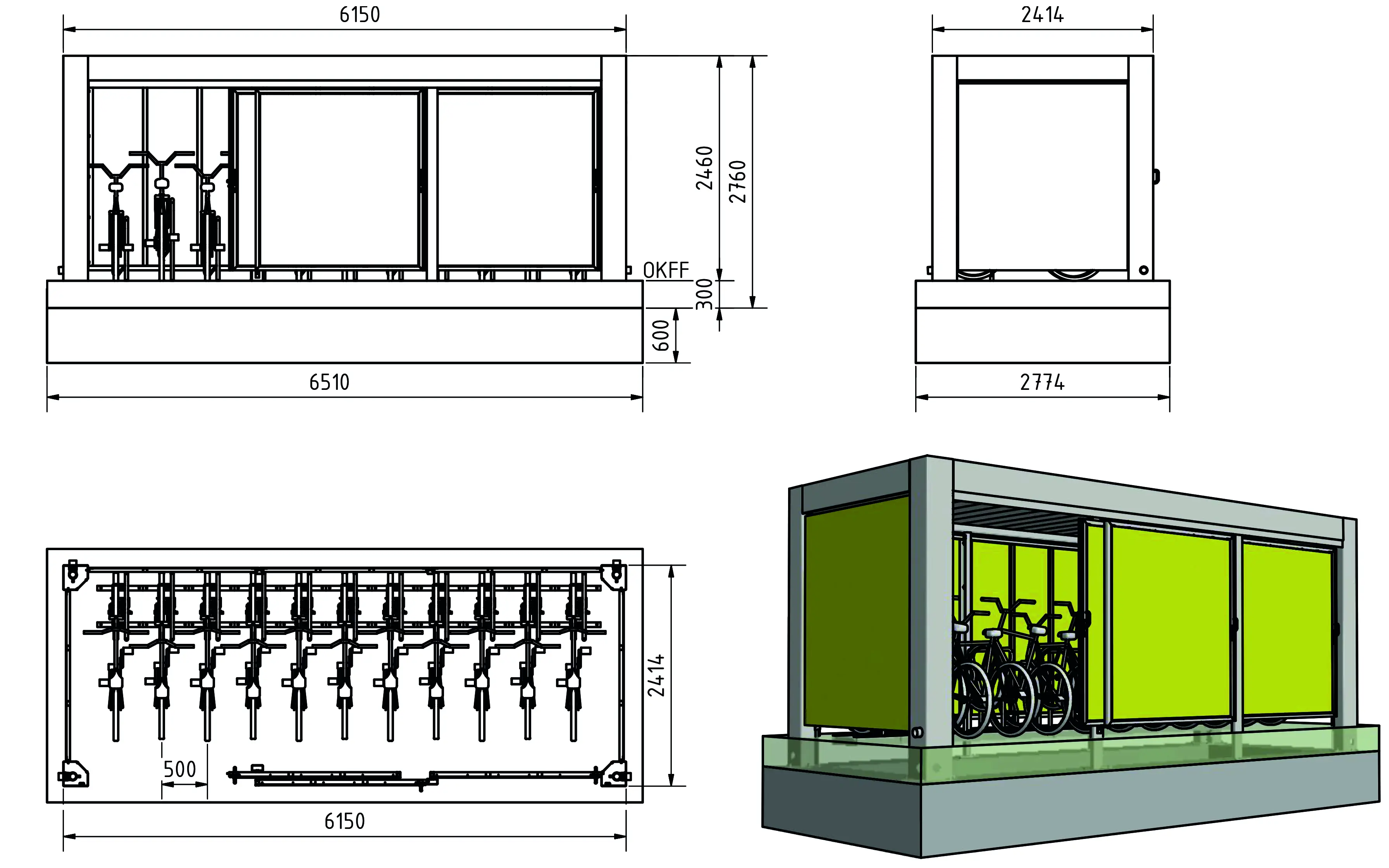 KUBUS 241 Konfiguration 2414×6150mm – 12 Stellplätze mit Basic Plus 50 Fahrradständern